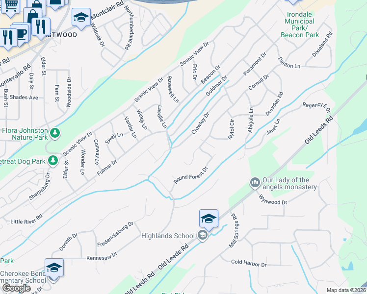 map of restaurants, bars, coffee shops, grocery stores, and more near 5098 Cherokee Woods Circle in Irondale