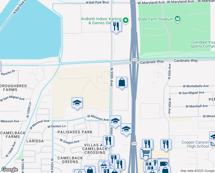 map of restaurants, bars, coffee shops, grocery stores, and more near 9910 West Montebello Avenue in Glendale