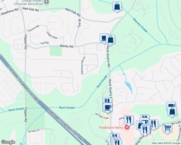 map of restaurants, bars, coffee shops, grocery stores, and more near 609 Rust Way in Stockbridge