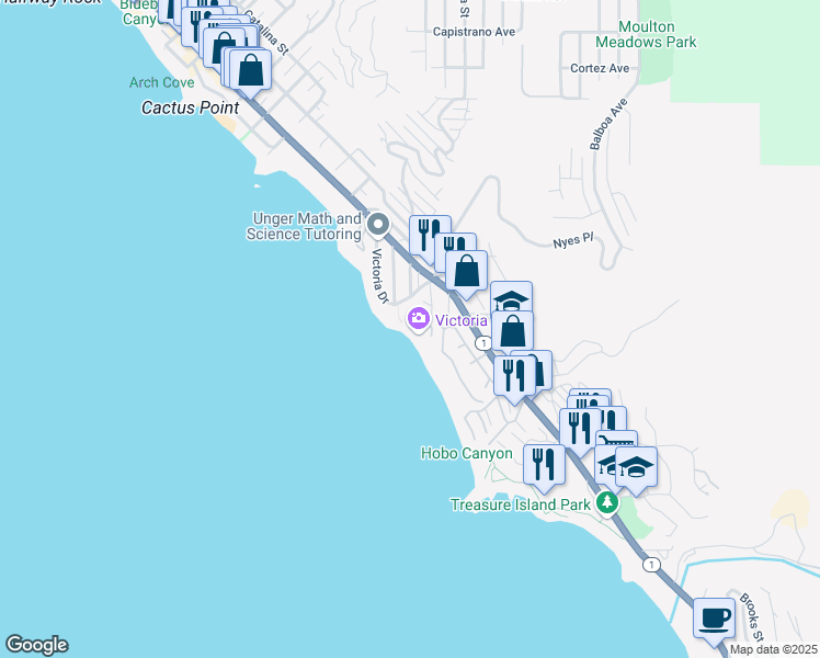 map of restaurants, bars, coffee shops, grocery stores, and more near 2857 Wards Terrace in Laguna Beach