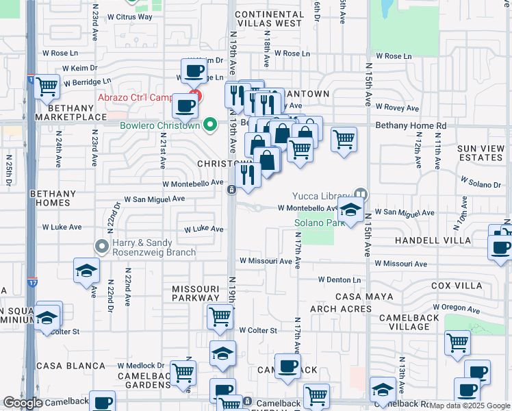 map of restaurants, bars, coffee shops, grocery stores, and more near 1844 West Montebello Avenue in Phoenix