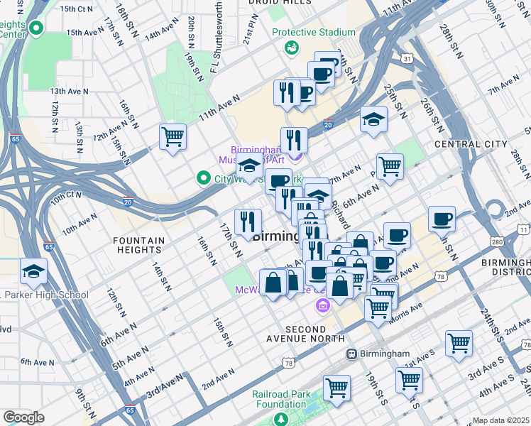 map of restaurants, bars, coffee shops, grocery stores, and more near 1813 Reverend Abraham Woods Junior Boulevard in Birmingham