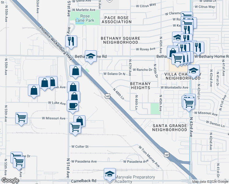 map of restaurants, bars, coffee shops, grocery stores, and more near 4827 West Solano Drive North in Glendale