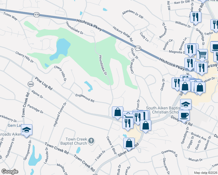 map of restaurants, bars, coffee shops, grocery stores, and more near 4 Inverness Street West in Aiken