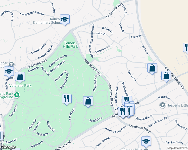 map of restaurants, bars, coffee shops, grocery stores, and more near 41550 Eagle Point Way in Temecula