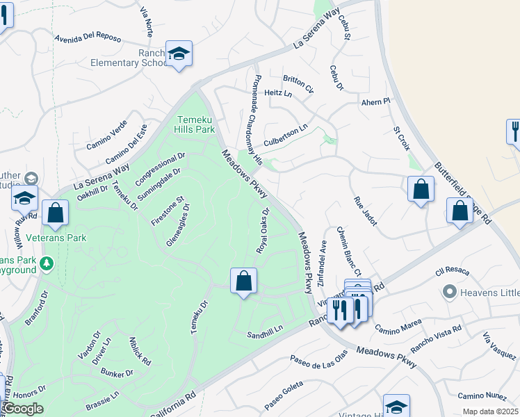 map of restaurants, bars, coffee shops, grocery stores, and more near 41550 Eagle Point Way in Temecula