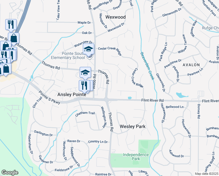 map of restaurants, bars, coffee shops, grocery stores, and more near 8652 Thomas Road in Riverdale