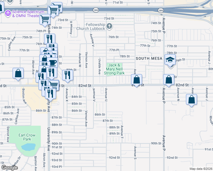 map of restaurants, bars, coffee shops, grocery stores, and more near 82nd Street & Avenue U in Lubbock