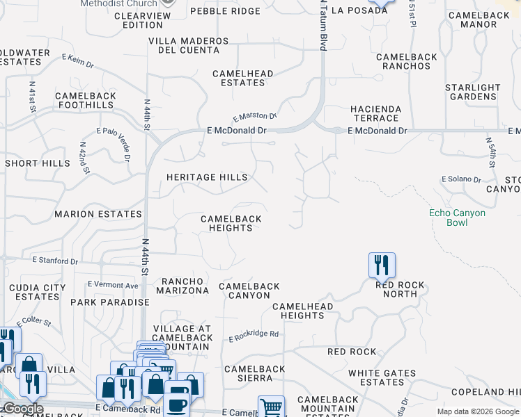 map of restaurants, bars, coffee shops, grocery stores, and more near 5806 North 46th Place in Phoenix