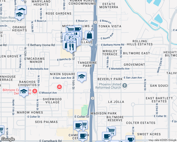 map of restaurants, bars, coffee shops, grocery stores, and more near 1640 East Montebello Avenue in Phoenix