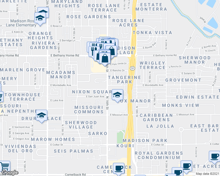 map of restaurants, bars, coffee shops, grocery stores, and more near 5709 North 16th Street in Phoenix