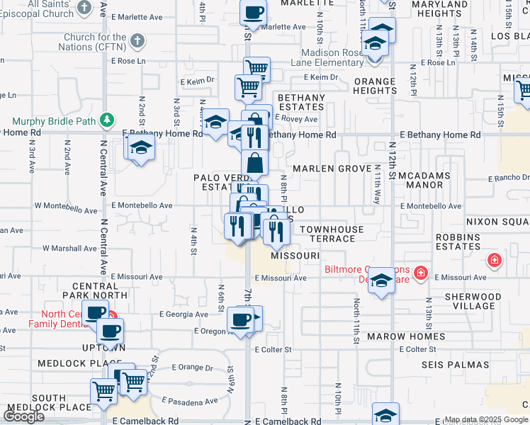 map of restaurants, bars, coffee shops, grocery stores, and more near 730 East Montebello Avenue in Phoenix