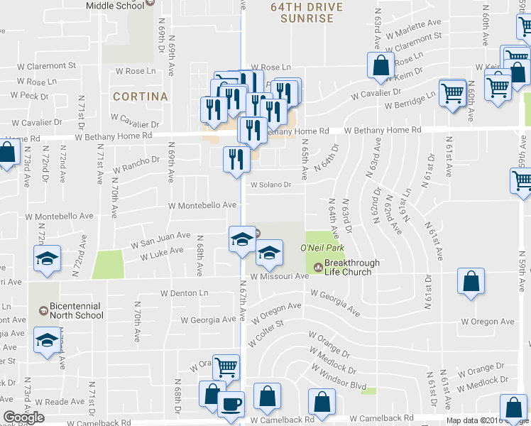 map of restaurants, bars, coffee shops, grocery stores, and more near 6603 West Montebello Avenue in Glendale