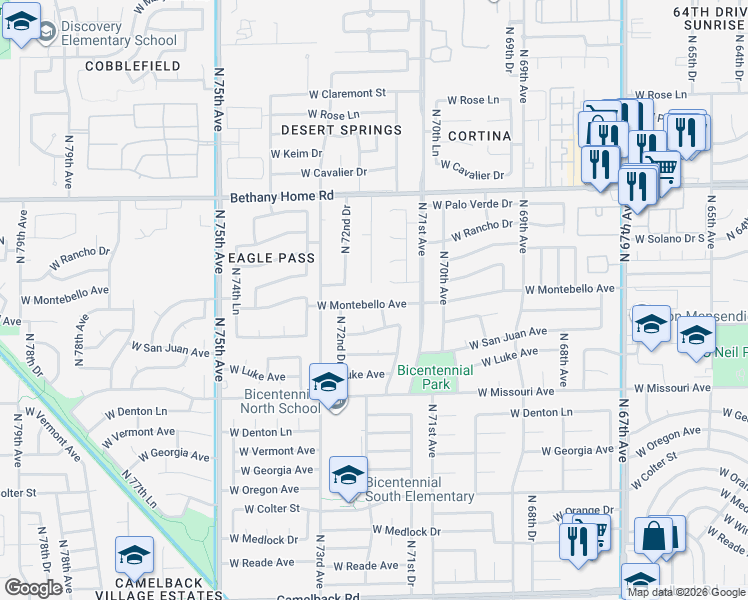 map of restaurants, bars, coffee shops, grocery stores, and more near 5775 North 72nd Avenue in Glendale