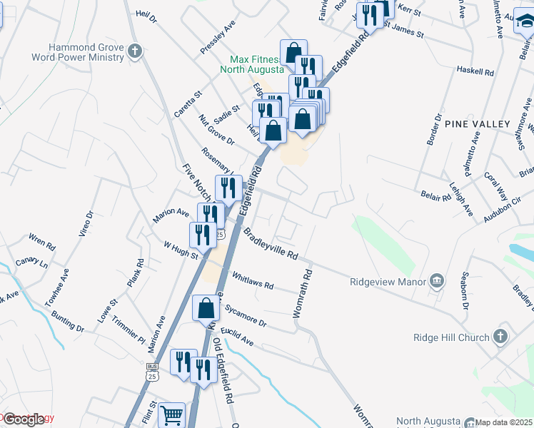 map of restaurants, bars, coffee shops, grocery stores, and more near 162 Conifer Drive in North Augusta