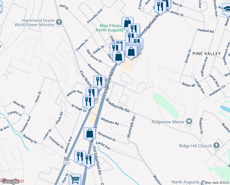 map of restaurants, bars, coffee shops, grocery stores, and more near 162 Conifer Drive in North Augusta