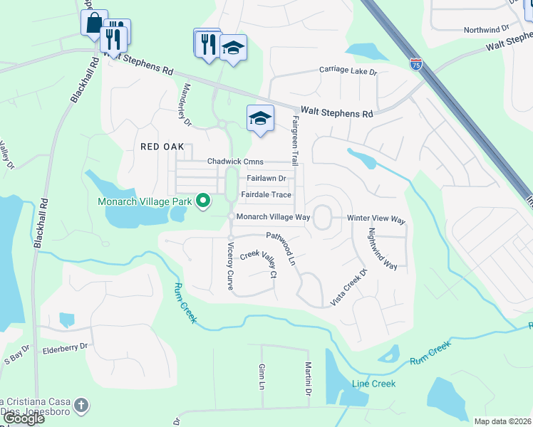 map of restaurants, bars, coffee shops, grocery stores, and more near 314 Fairdale Trace in Stockbridge