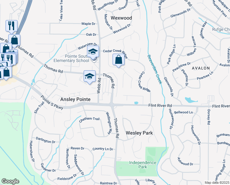map of restaurants, bars, coffee shops, grocery stores, and more near 8652 Thomas Road in Riverdale