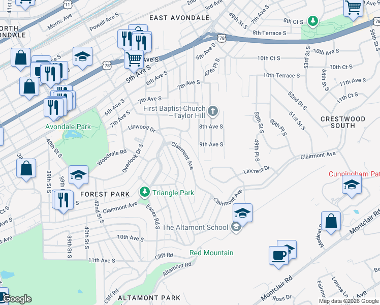 map of restaurants, bars, coffee shops, grocery stores, and more near 938 47th Street South in Birmingham