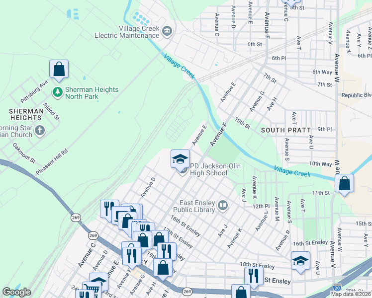 map of restaurants, bars, coffee shops, grocery stores, and more near 1104 Avenue East in Birmingham
