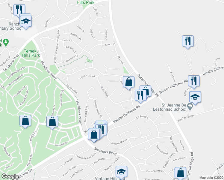 map of restaurants, bars, coffee shops, grocery stores, and more near 32228 Cour Meyney in Temecula