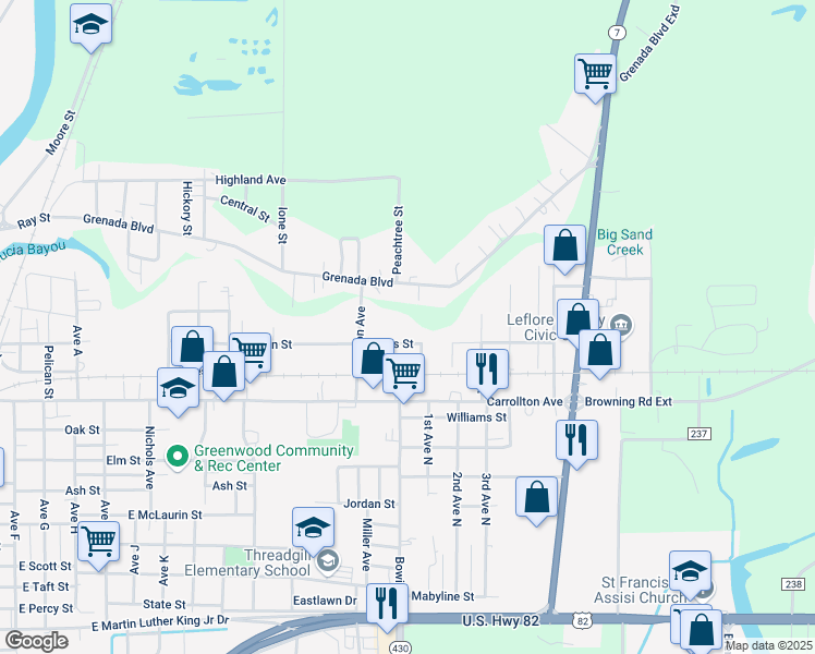 map of restaurants, bars, coffee shops, grocery stores, and more near 2104 Grenada Boulevard in Greenwood