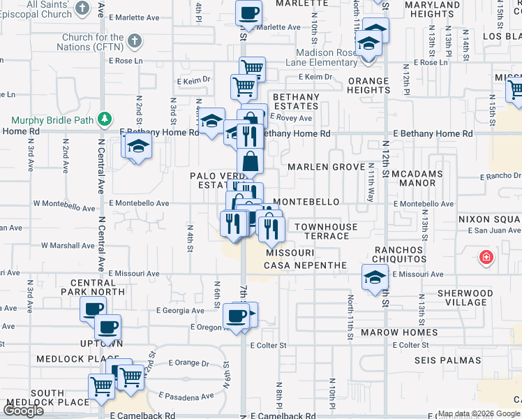 map of restaurants, bars, coffee shops, grocery stores, and more near 721 East Montebello Avenue in Phoenix