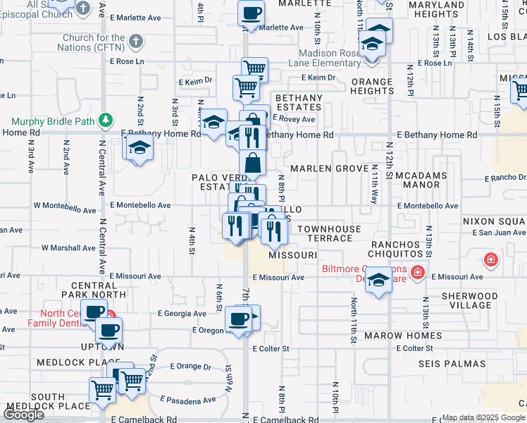 map of restaurants, bars, coffee shops, grocery stores, and more near 730 East Montebello Avenue in Phoenix