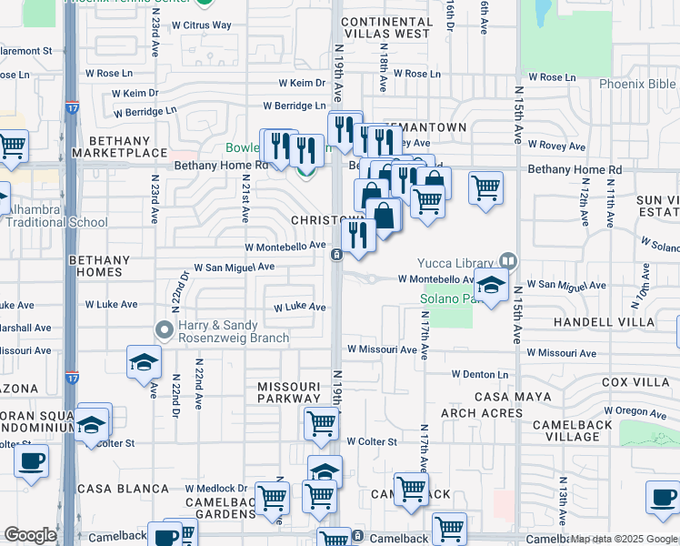 map of restaurants, bars, coffee shops, grocery stores, and more near N 19th Ave & W Montebello Ave in Phoenix