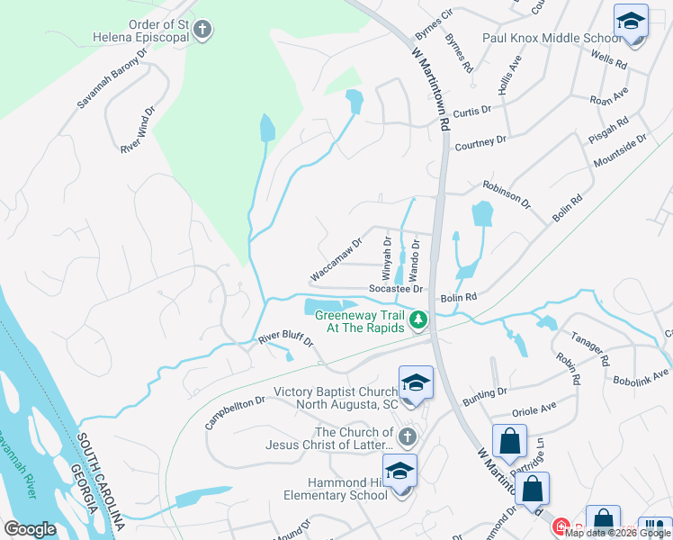 map of restaurants, bars, coffee shops, grocery stores, and more near 1419 Waccamaw Drive in North Augusta