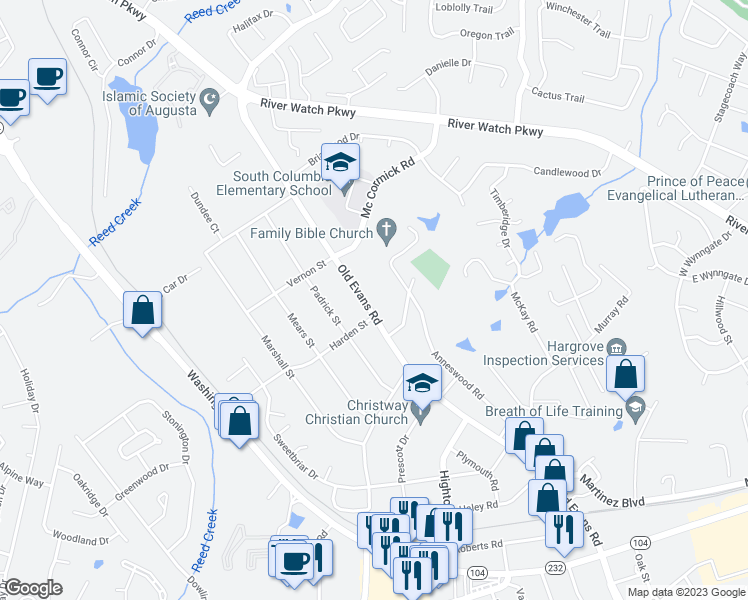 map of restaurants, bars, coffee shops, grocery stores, and more near 326 Old Evans Road in Martinez