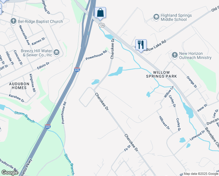 map of restaurants, bars, coffee shops, grocery stores, and more near 606 Cherokee Drive in North Augusta