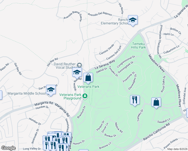 map of restaurants, bars, coffee shops, grocery stores, and more near 30924 Oakhill Drive in Temecula