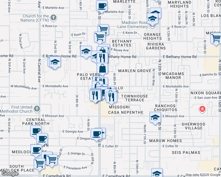 map of restaurants, bars, coffee shops, grocery stores, and more near 730 East Montebello Avenue in Phoenix