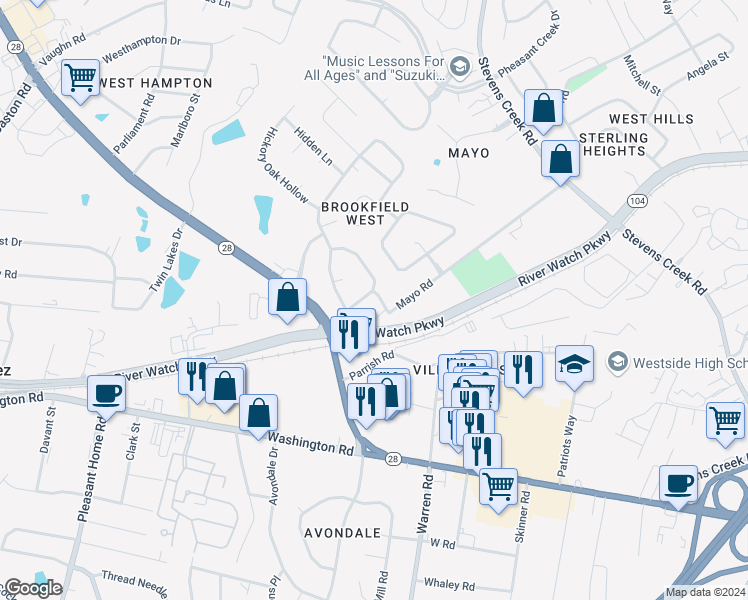 map of restaurants, bars, coffee shops, grocery stores, and more near 3122 Fieldstone Circle in Augusta