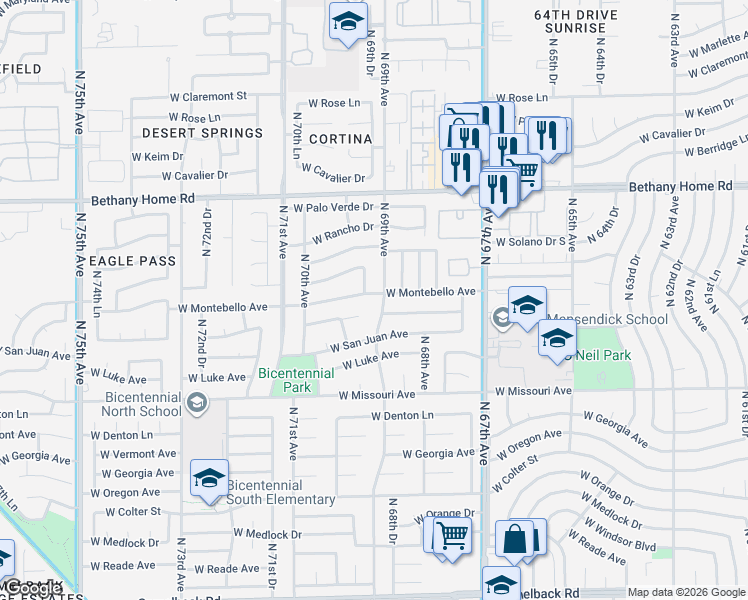 map of restaurants, bars, coffee shops, grocery stores, and more near 5709 North 69th Avenue in Glendale