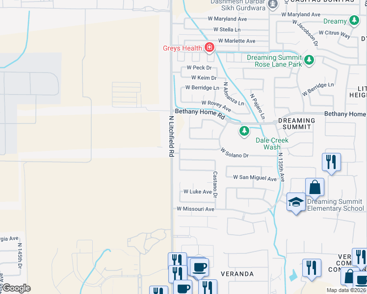 map of restaurants, bars, coffee shops, grocery stores, and more near 5820 North Laguna Drive in Litchfield Park