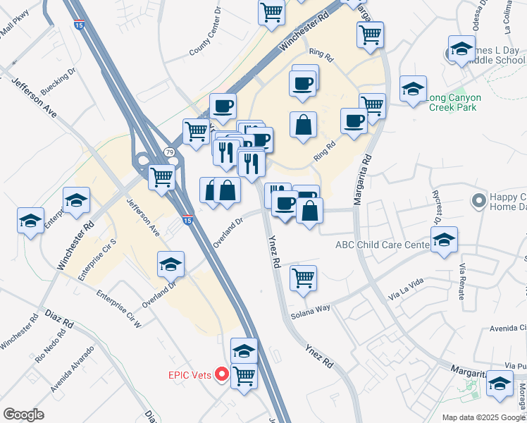 map of restaurants, bars, coffee shops, grocery stores, and more near Ynez Road in Temecula
