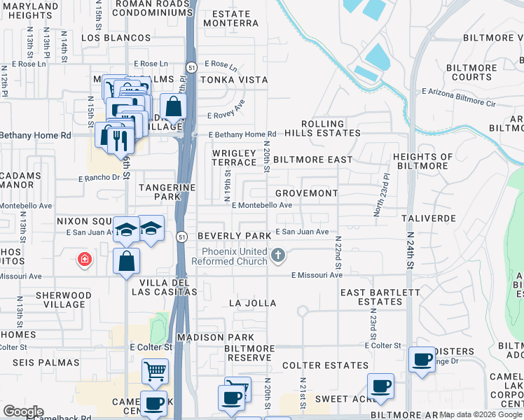 map of restaurants, bars, coffee shops, grocery stores, and more near 1940 East Montebello Avenue in Phoenix