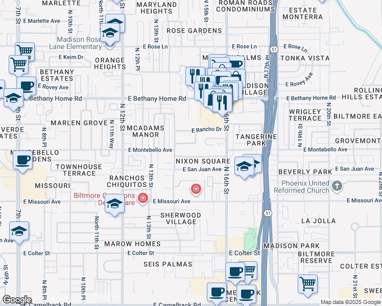 map of restaurants, bars, coffee shops, grocery stores, and more near 1441 East Solano Drive in Phoenix