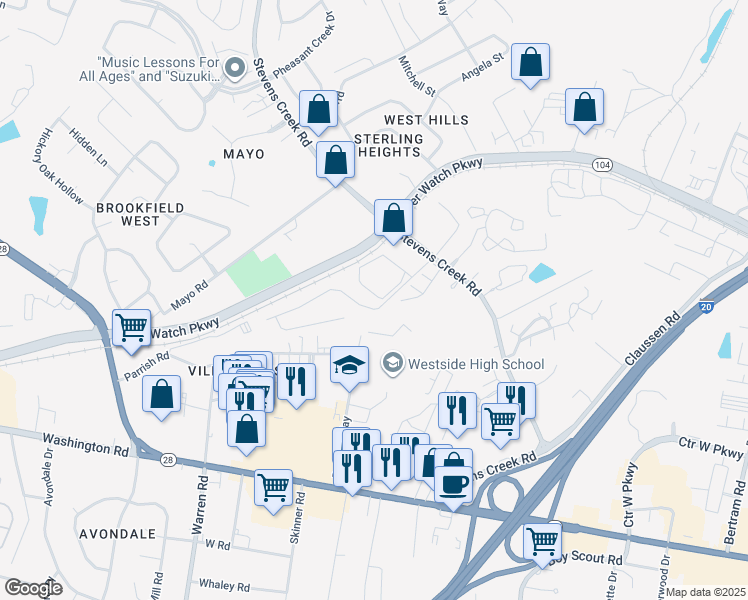 map of restaurants, bars, coffee shops, grocery stores, and more near 404 Windsong Circle in Augusta