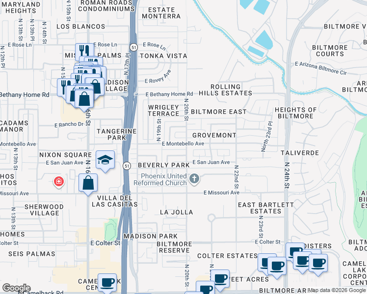 map of restaurants, bars, coffee shops, grocery stores, and more near 1940 East Montebello Avenue in Phoenix