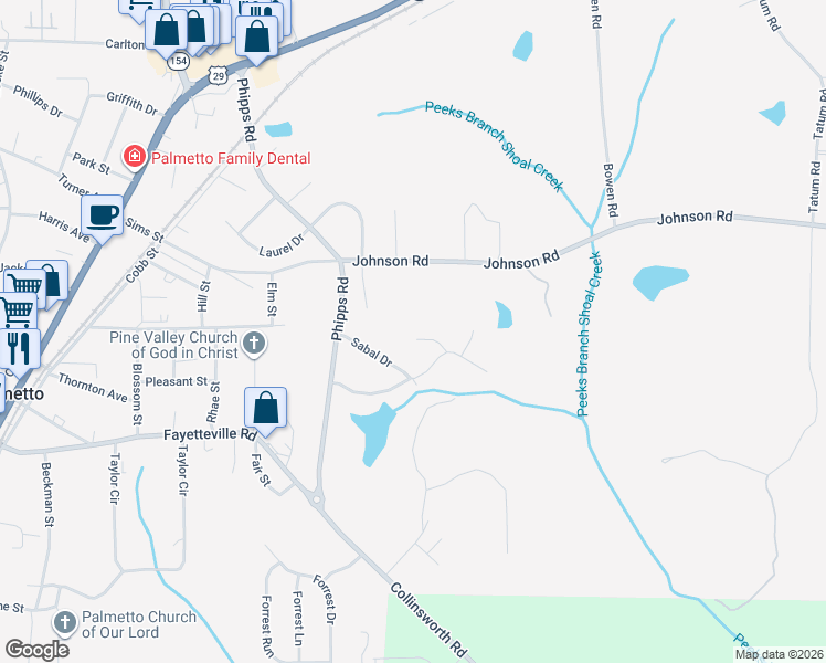 map of restaurants, bars, coffee shops, grocery stores, and more near 210 Greensprings Court in Palmetto
