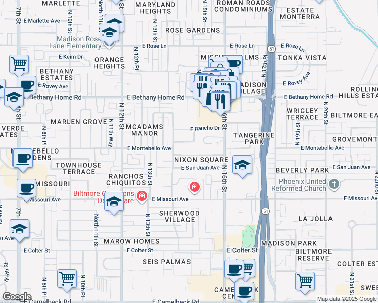 map of restaurants, bars, coffee shops, grocery stores, and more near 1441 East Solano Drive in Phoenix