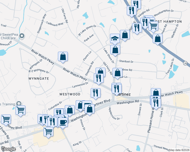 map of restaurants, bars, coffee shops, grocery stores, and more near 207 Weldon Road in Martinez