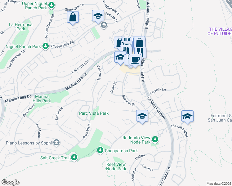 map of restaurants, bars, coffee shops, grocery stores, and more near 19 Stern Street in Laguna Niguel