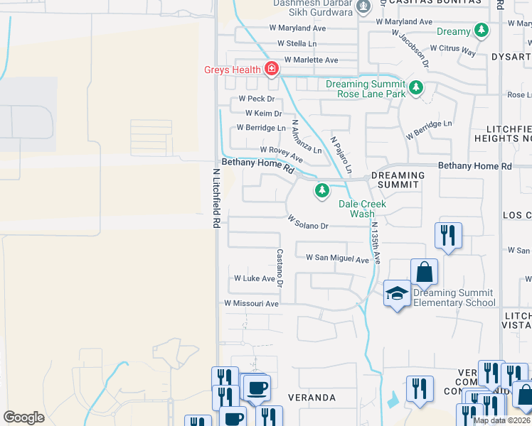 map of restaurants, bars, coffee shops, grocery stores, and more near 5825 Castano Court in Litchfield Park