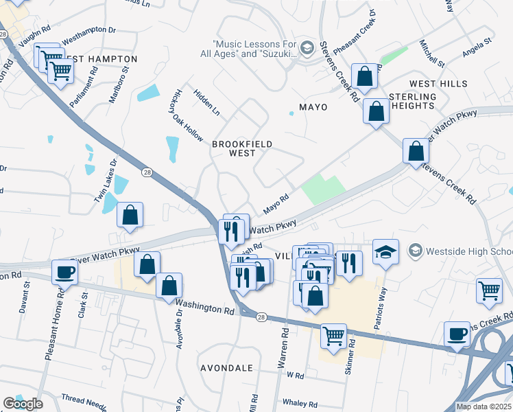 map of restaurants, bars, coffee shops, grocery stores, and more near 2010 Bridgewater Drive in Augusta