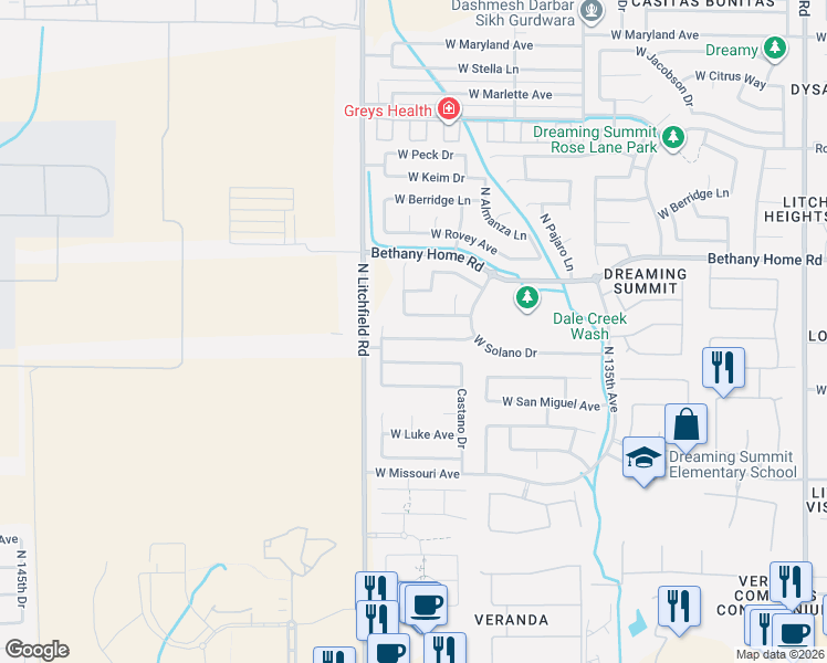 map of restaurants, bars, coffee shops, grocery stores, and more near 13805 West Rancho Drive in Litchfield Park