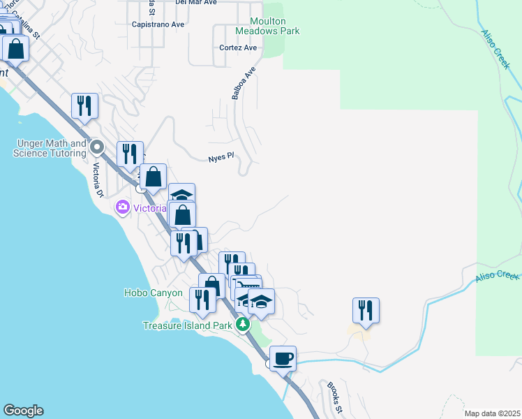 map of restaurants, bars, coffee shops, grocery stores, and more near South Coast Highway in Laguna Beach